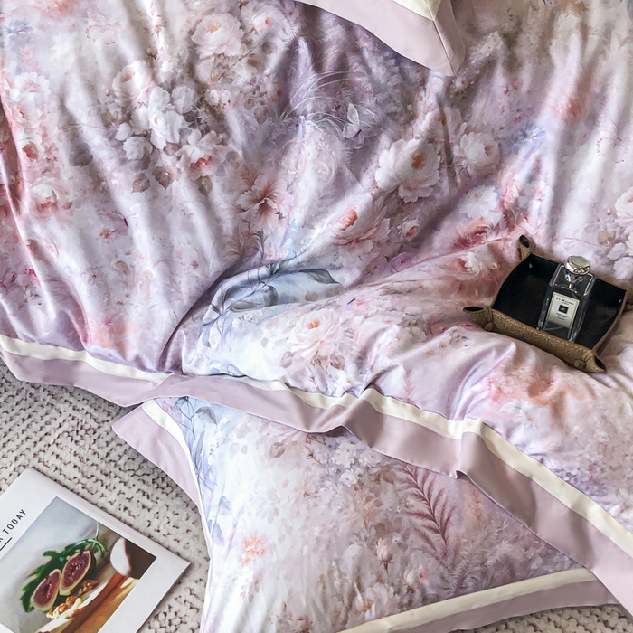 91家纺网 家纺一手货源 找家纺 禾时 2025新款高端100S长绒棉数码印花双拼边全棉纯棉四件套 月畔花香