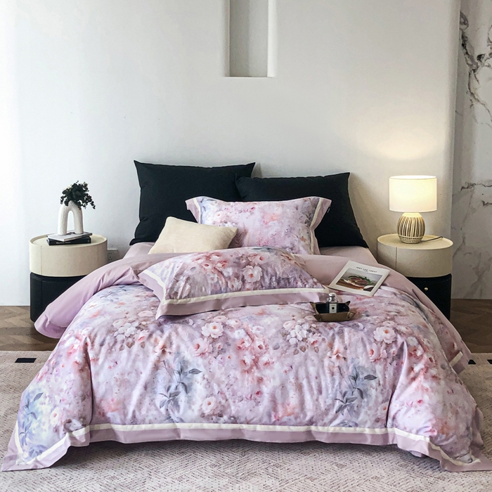 91家纺网 家纺一手货源 找家纺 禾时 2025新款高端100S长绒棉数码印花双拼边全棉纯棉四件套 月畔花香