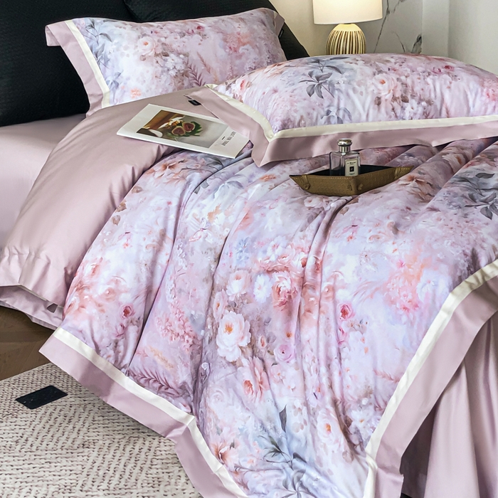 91家纺网 家纺一手货源 找家纺 禾时 2025新款高端100S长绒棉数码印花双拼边全棉纯棉四件套 月畔花香