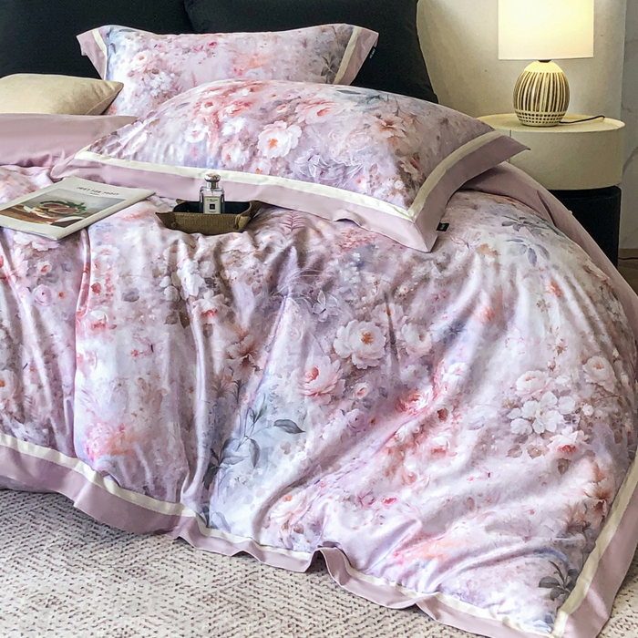 91家纺网 家纺一手货源 找家纺 禾时 2025新款高端100S长绒棉数码印花双拼边全棉纯棉四件套 月畔花香