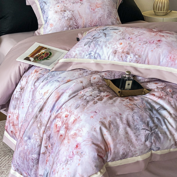 91家纺网 家纺一手货源 找家纺 禾时 2025新款高端100S长绒棉数码印花双拼边全棉纯棉四件套 月畔花香