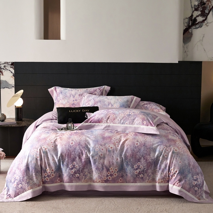 91家纺网 家纺一手货源 找家纺 禾时 2025新款高端100S长绒棉数码印花双拼边全棉纯棉四件套 自然逸梦-粉