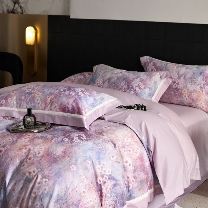 91家纺网 家纺一手货源 找家纺 禾时 2025新款高端100S长绒棉数码印花双拼边全棉纯棉四件套 自然逸梦-粉