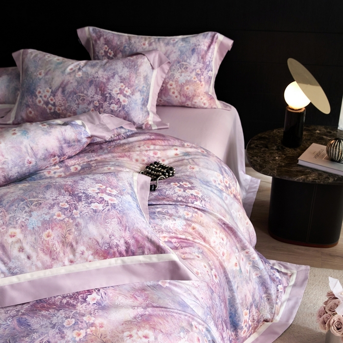 91家纺网 家纺一手货源 找家纺 禾时 2025新款高端100S长绒棉数码印花双拼边全棉纯棉四件套 自然逸梦-粉