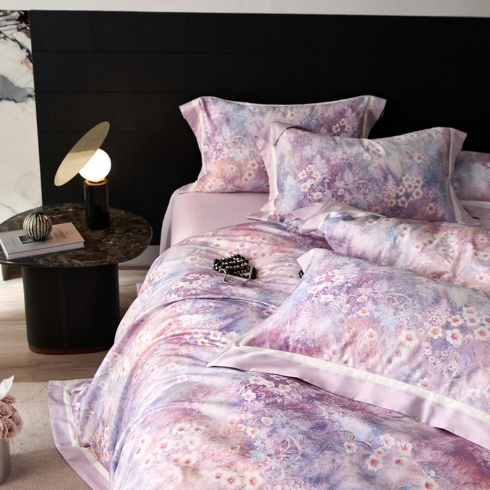 91家纺网 家纺一手货源 找家纺 禾时 2025新款高端100S长绒棉数码印花双拼边全棉纯棉四件套 自然逸梦-粉