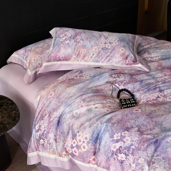 91家纺网 家纺一手货源 找家纺 禾时 2025新款高端100S长绒棉数码印花双拼边全棉纯棉四件套 自然逸梦-粉