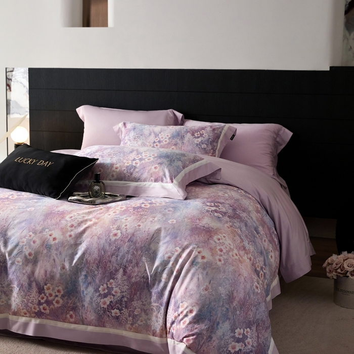 91家纺网 家纺一手货源 找家纺 禾时 2025新款高端100S长绒棉数码印花双拼边全棉纯棉四件套 自然逸梦-粉