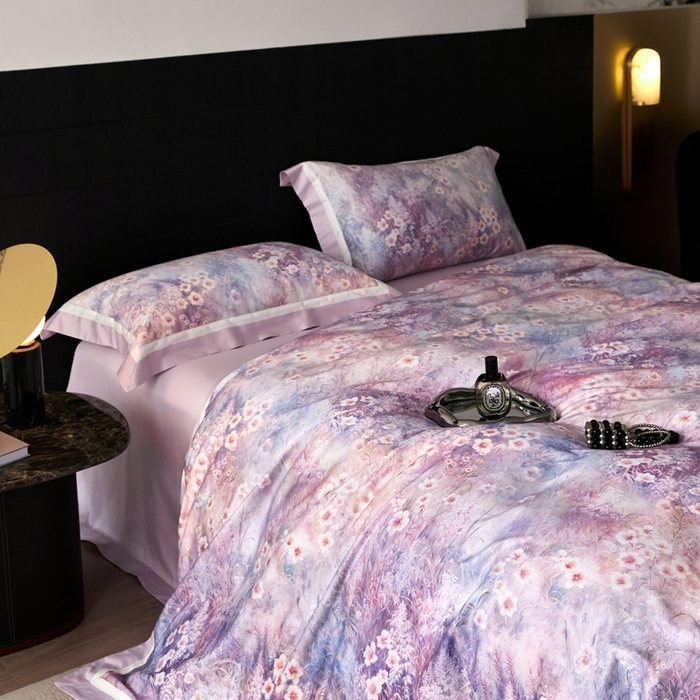 91家纺网 家纺一手货源 找家纺 禾时 2025新款高端100S长绒棉数码印花双拼边全棉纯棉四件套 自然逸梦-粉