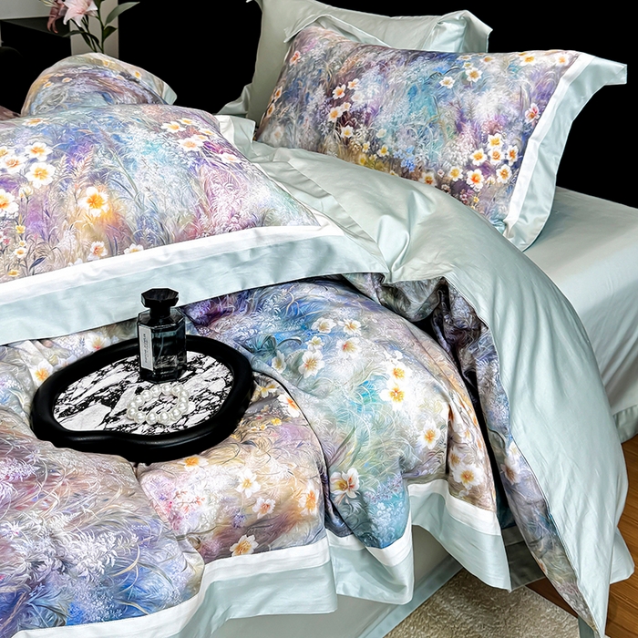 91家纺网 家纺一手货源 找家纺 禾时 2025新款高端100S长绒棉数码印花双拼边全棉纯棉四件套 自然逸梦-绿