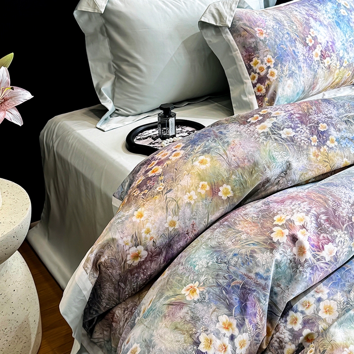 91家纺网 家纺一手货源 找家纺 禾时 2025新款高端100S长绒棉数码印花双拼边全棉纯棉四件套 自然逸梦-绿