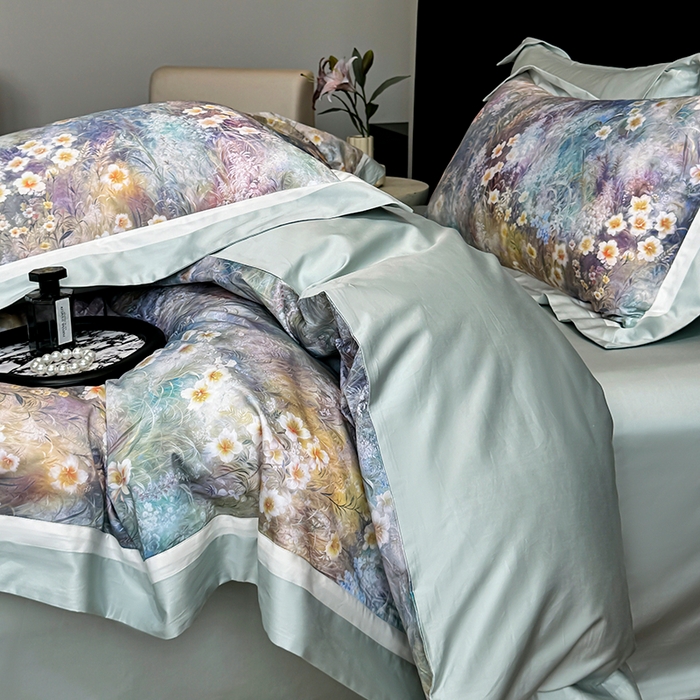 91家纺网 家纺一手货源 找家纺 禾时 2025新款高端100S长绒棉数码印花双拼边全棉纯棉四件套 自然逸梦-绿