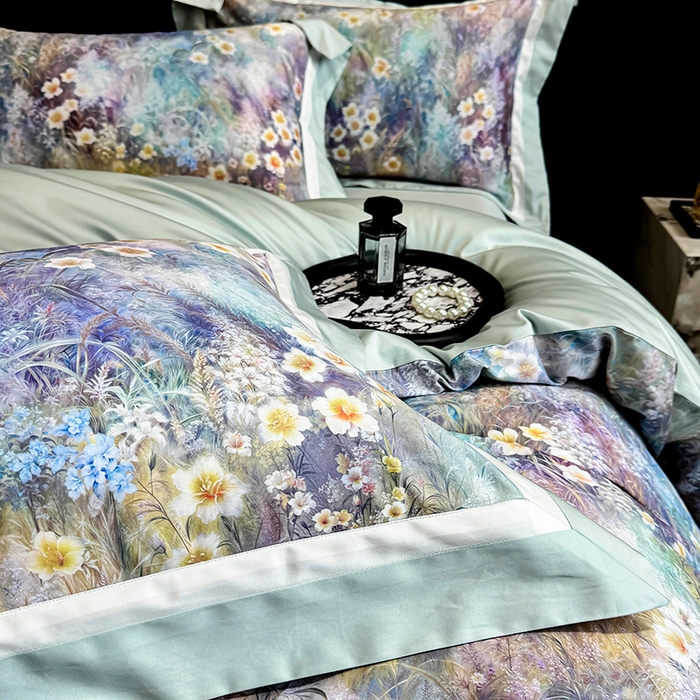 91家纺网 家纺一手货源 找家纺 禾时 2025新款高端100S长绒棉数码印花双拼边全棉纯棉四件套 自然逸梦-绿