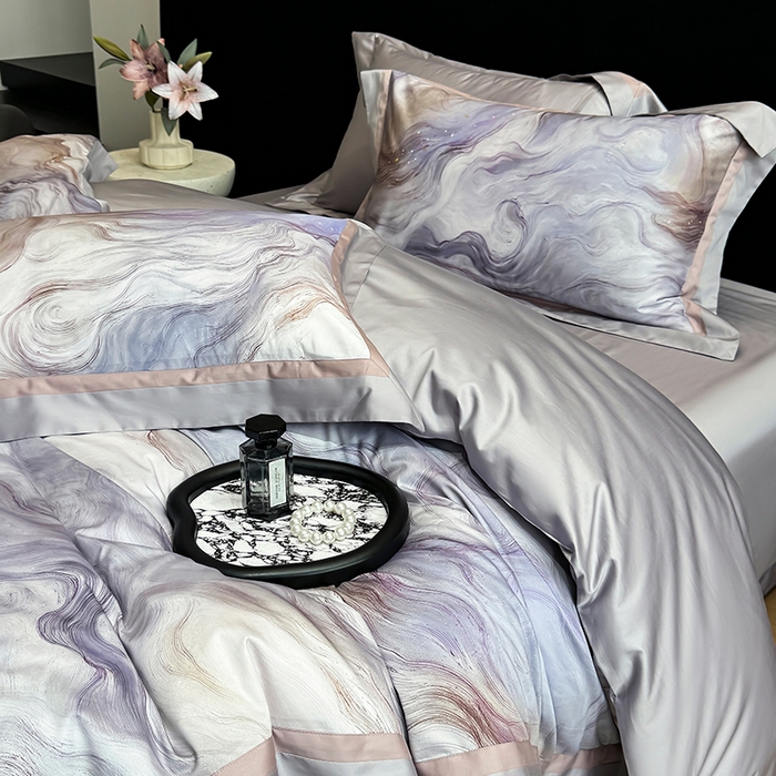 91家纺网 家纺一手货源 找家纺 禾时 2025新款高端100S长绒棉数码印花双拼边全棉纯棉四件套 星河入梦-蓝