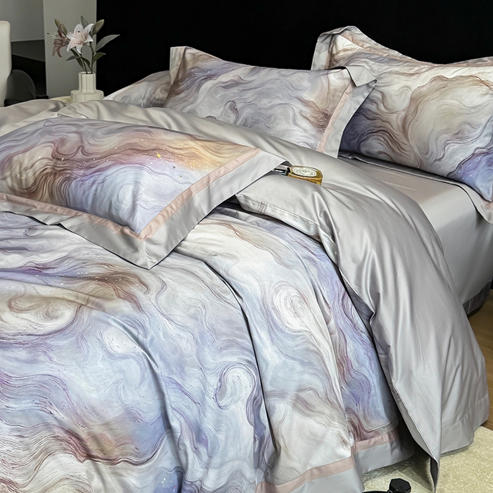 91家纺网 家纺一手货源 找家纺 禾时 2025新款高端100S长绒棉数码印花双拼边全棉纯棉四件套 星河入梦-蓝