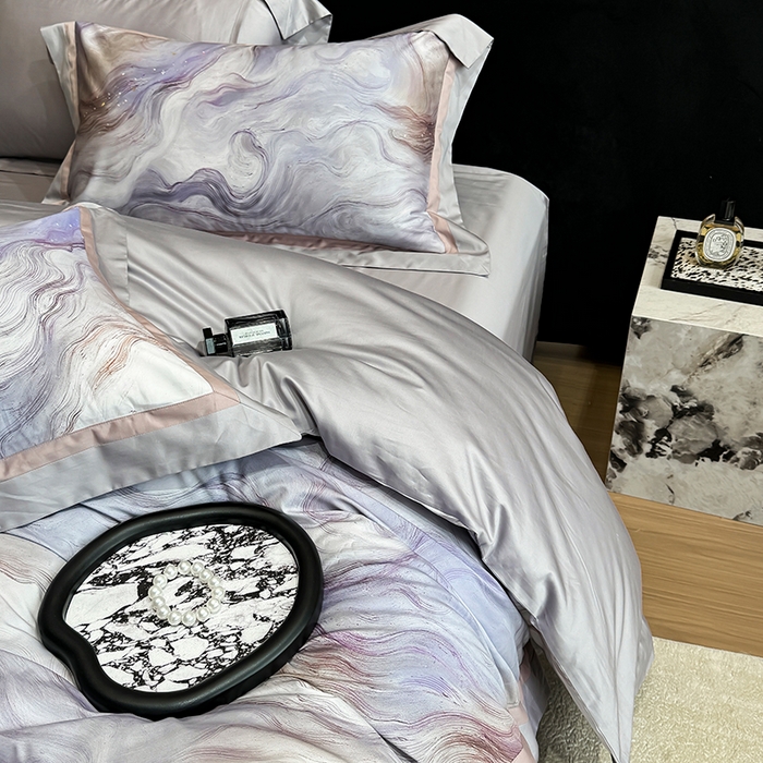 91家纺网 家纺一手货源 找家纺 禾时 2025新款高端100S长绒棉数码印花双拼边全棉纯棉四件套 星河入梦-蓝