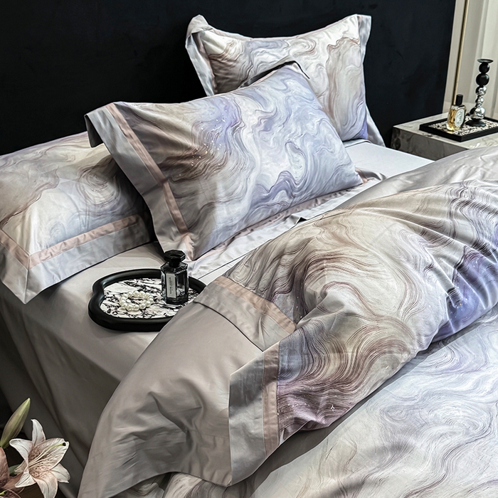 91家纺网 家纺一手货源 找家纺 禾时 2025新款高端100S长绒棉数码印花双拼边全棉纯棉四件套 星河入梦-蓝