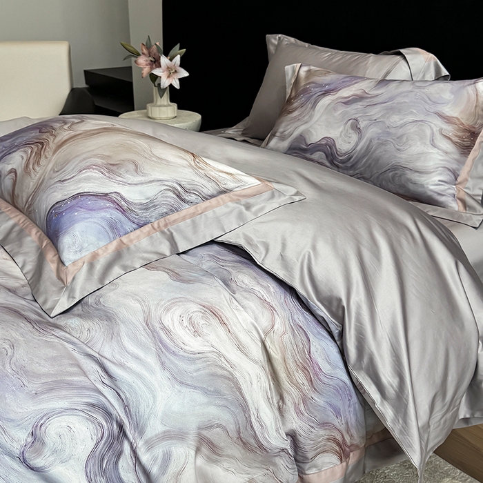 91家纺网 家纺一手货源 找家纺 禾时 2025新款高端100S长绒棉数码印花双拼边全棉纯棉四件套 星河入梦-蓝