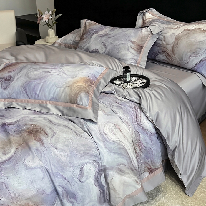 91家纺网 家纺一手货源 找家纺 禾时 2025新款高端100S长绒棉数码印花双拼边全棉纯棉四件套 星河入梦-蓝