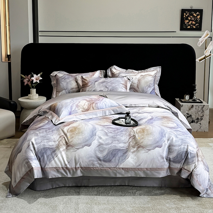 91家纺网 家纺一手货源 找家纺 禾时 2025新款高端100S长绒棉数码印花双拼边全棉纯棉四件套 星河入梦-蓝