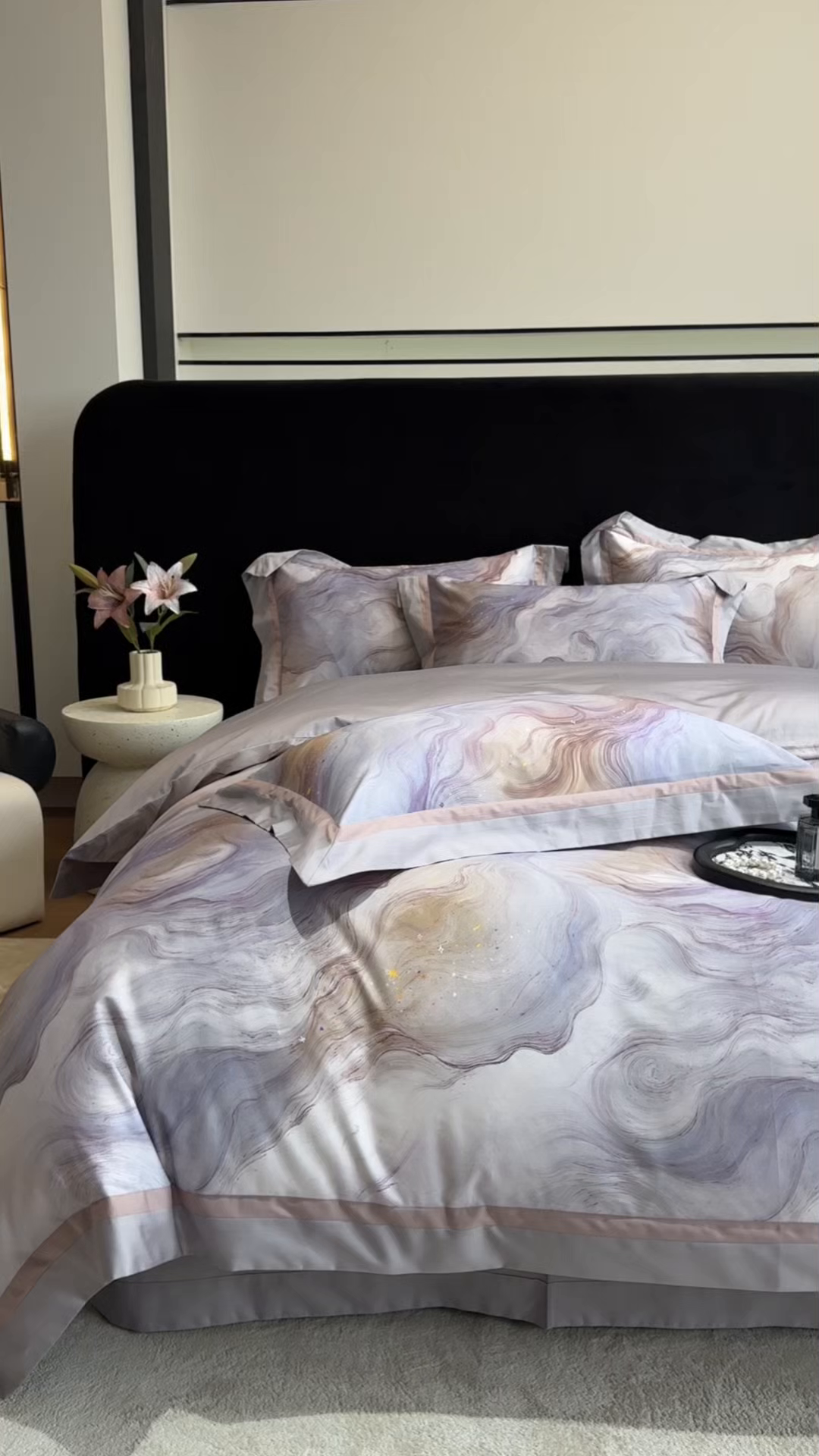 91家纺网 家纺一手货源 找家纺 禾时 2025新款高端100S长绒棉数码印花双拼边全棉纯棉四件套 星河入梦-蓝