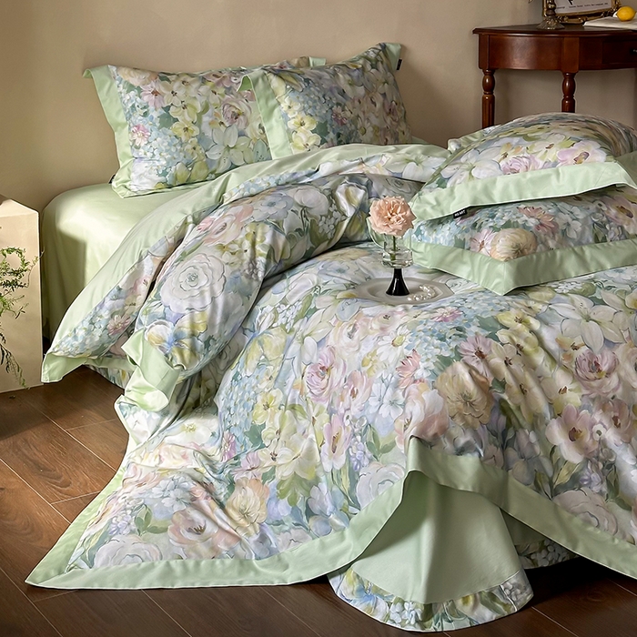 禾时 2025新款高端100S长绒棉数码印花双拼边全棉纯棉四件套 春意盎然