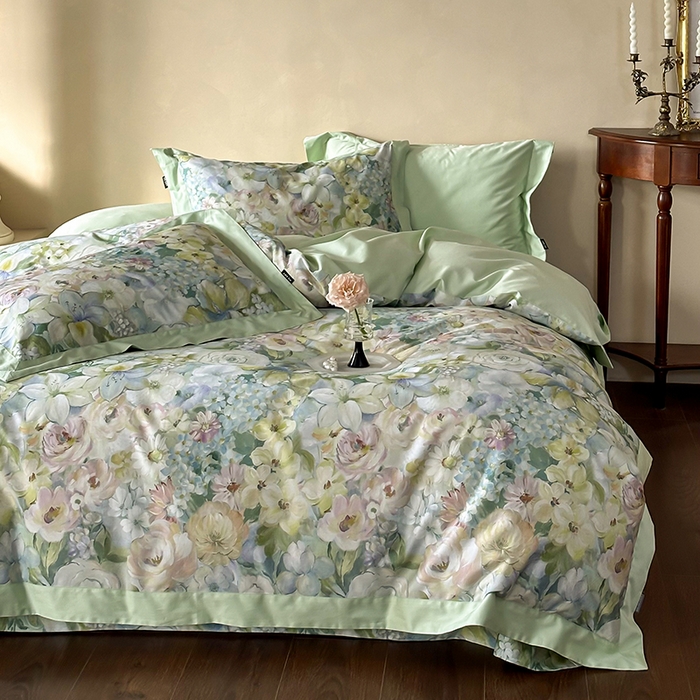 91家纺网 家纺一手货源 找家纺 禾时 2025新款高端100S长绒棉数码印花双拼边全棉纯棉四件套 春意盎然