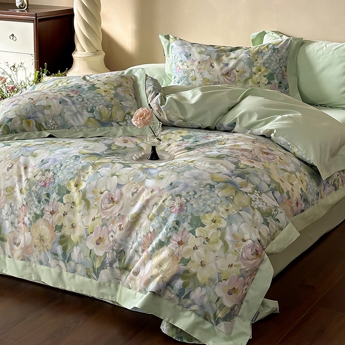 91家纺网 家纺一手货源 找家纺 禾时 2025新款高端100S长绒棉数码印花双拼边全棉纯棉四件套 春意盎然