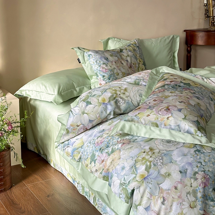 91家纺网 家纺一手货源 找家纺 禾时 2025新款高端100S长绒棉数码印花双拼边全棉纯棉四件套 春意盎然