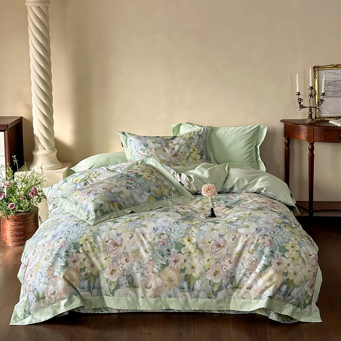 91家纺网 家纺一手货源 找家纺 禾时 2025新款高端100S长绒棉数码印花双拼边全棉纯棉四件套 春意盎然