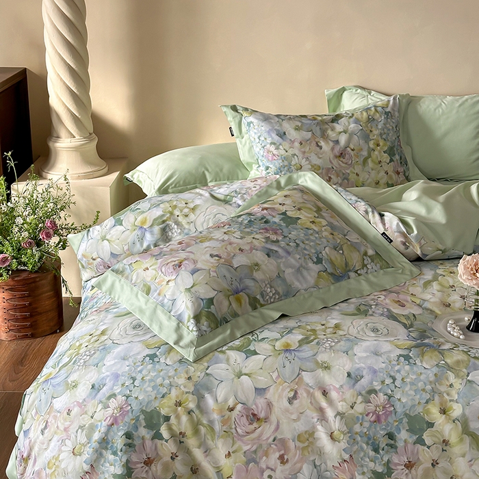 91家纺网 家纺一手货源 找家纺 禾时 2025新款高端100S长绒棉数码印花双拼边全棉纯棉四件套 春意盎然