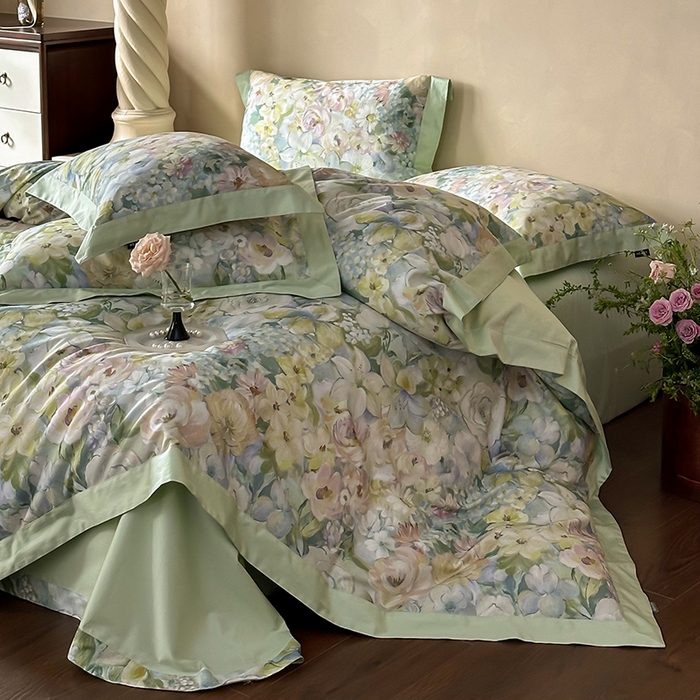 91家纺网 家纺一手货源 找家纺 禾时 2025新款高端100S长绒棉数码印花双拼边全棉纯棉四件套 春意盎然