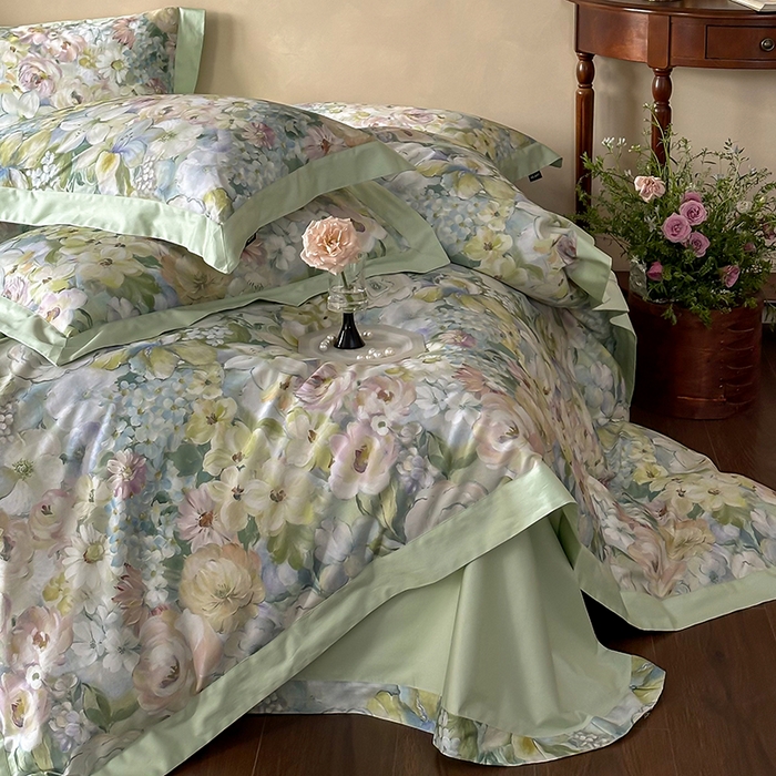 91家纺网 家纺一手货源 找家纺 禾时 2025新款高端100S长绒棉数码印花双拼边全棉纯棉四件套 春意盎然