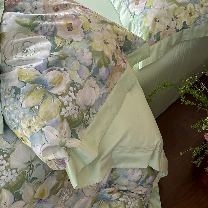 91家纺网 家纺一手货源 找家纺 禾时 2025新款高端100S长绒棉数码印花双拼边全棉纯棉四件套 春意盎然