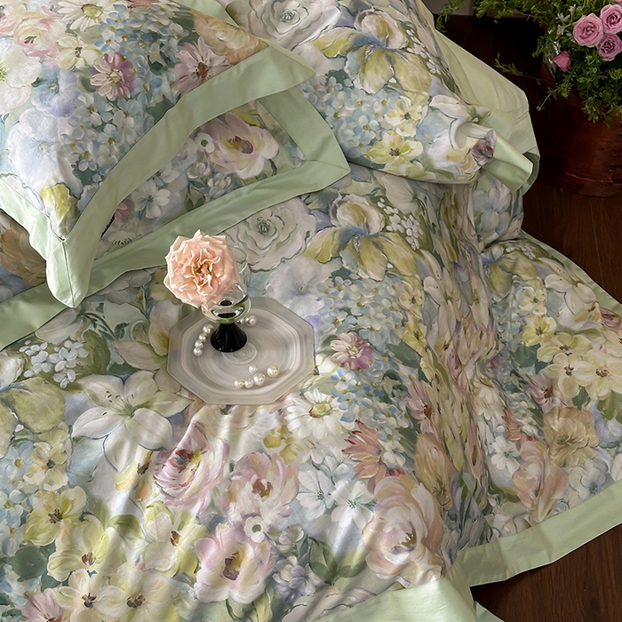 91家纺网 家纺一手货源 找家纺 禾时 2025新款高端100S长绒棉数码印花双拼边全棉纯棉四件套 春意盎然