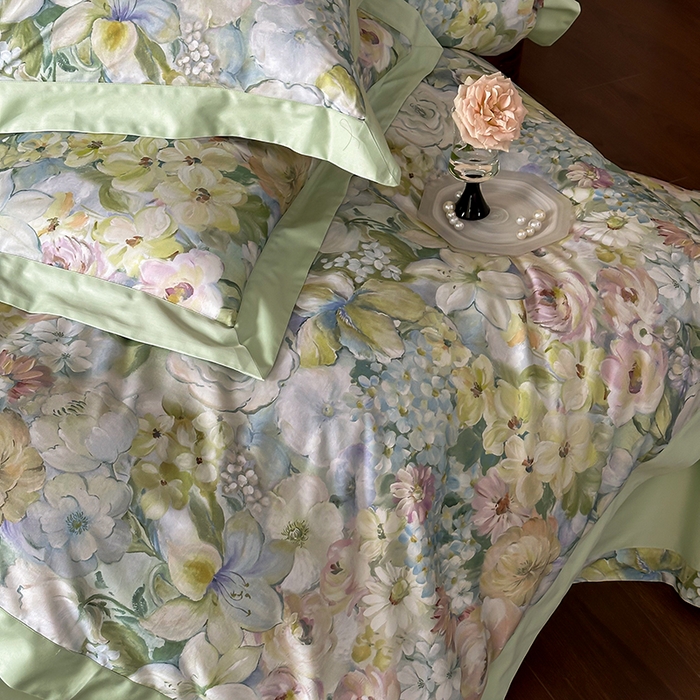 91家纺网 家纺一手货源 找家纺 禾时 2025新款高端100S长绒棉数码印花双拼边全棉纯棉四件套 春意盎然