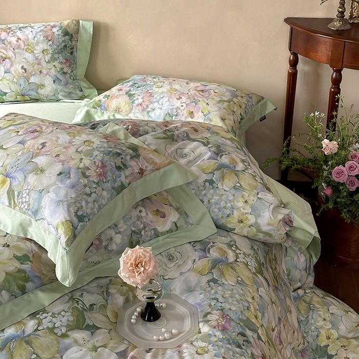 91家纺网 家纺一手货源 找家纺 禾时 2025新款高端100S长绒棉数码印花双拼边全棉纯棉四件套 春意盎然