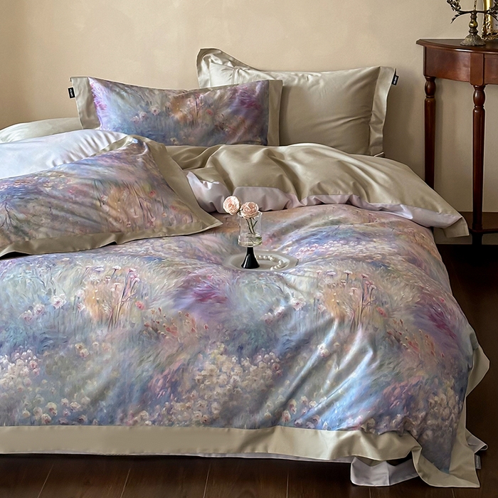 91家纺网 家纺一手货源 找家纺 禾时 2025新款高端100S长绒棉数码印花双拼边全棉纯棉四件套 紫雾迷情