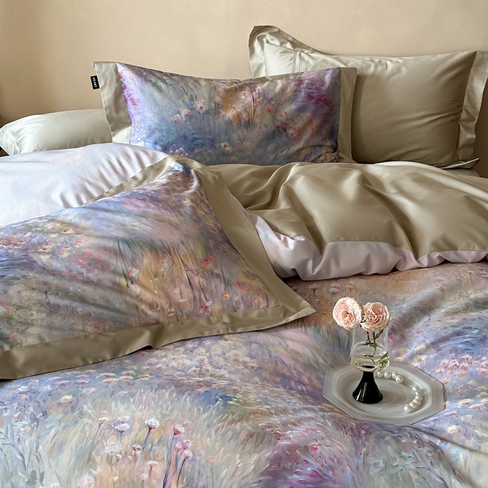 91家纺网 家纺一手货源 找家纺 禾时 2025新款高端100S长绒棉数码印花双拼边全棉纯棉四件套 紫雾迷情