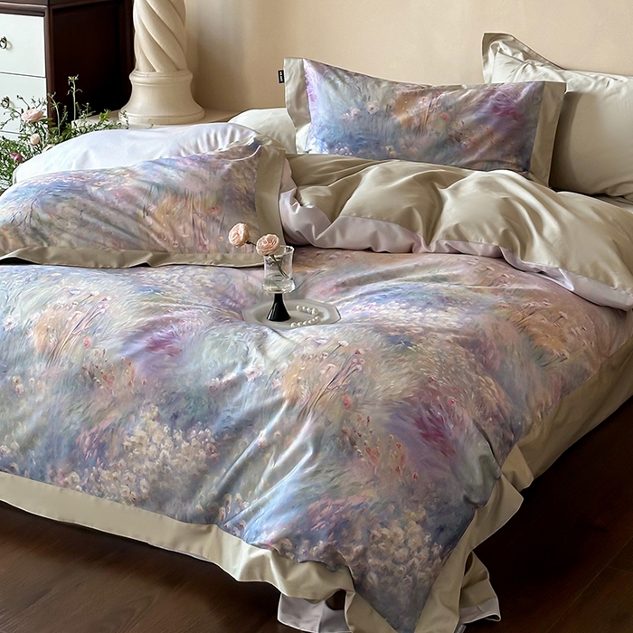 91家纺网 家纺一手货源 找家纺 禾时 2025新款高端100S长绒棉数码印花双拼边全棉纯棉四件套 紫雾迷情