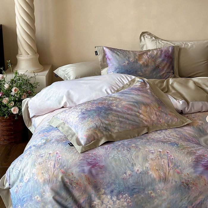 91家纺网 家纺一手货源 找家纺 禾时 2025新款高端100S长绒棉数码印花双拼边全棉纯棉四件套 紫雾迷情