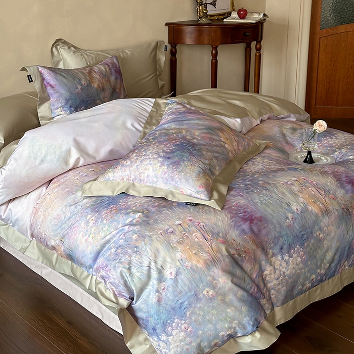 91家纺网 家纺一手货源 找家纺 禾时 2025新款高端100S长绒棉数码印花双拼边全棉纯棉四件套 紫雾迷情