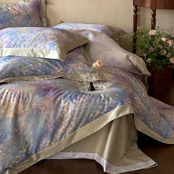 91家纺网 家纺一手货源 找家纺 禾时 2025新款高端100S长绒棉数码印花双拼边全棉纯棉四件套 紫雾迷情