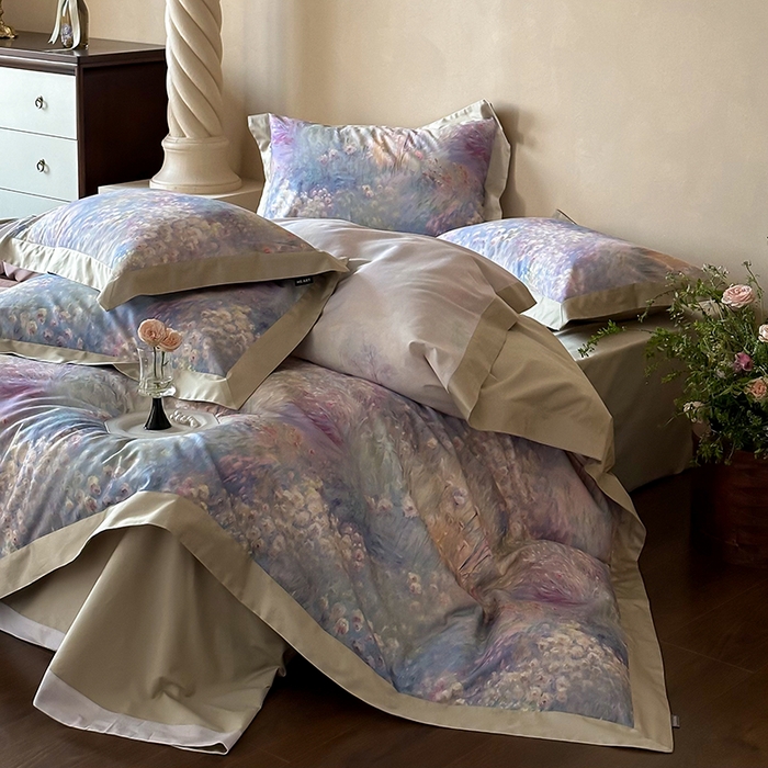 91家纺网 家纺一手货源 找家纺 禾时 2025新款高端100S长绒棉数码印花双拼边全棉纯棉四件套 紫雾迷情