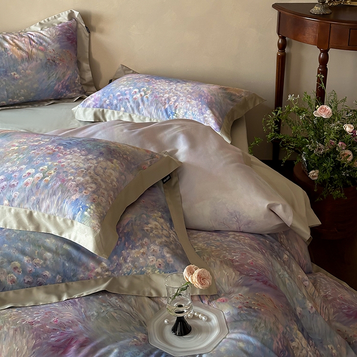 91家纺网 家纺一手货源 找家纺 禾时 2025新款高端100S长绒棉数码印花双拼边全棉纯棉四件套 紫雾迷情