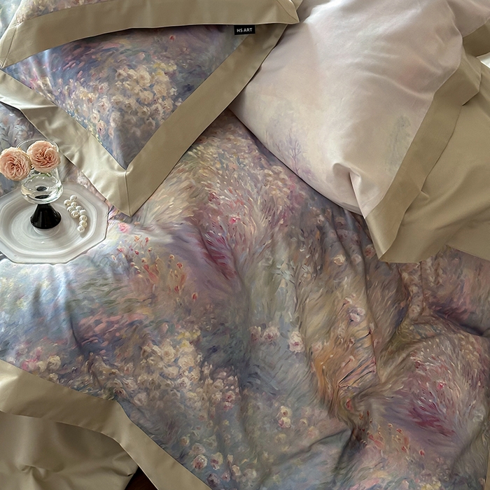 91家纺网 家纺一手货源 找家纺 禾时 2025新款高端100S长绒棉数码印花双拼边全棉纯棉四件套 紫雾迷情