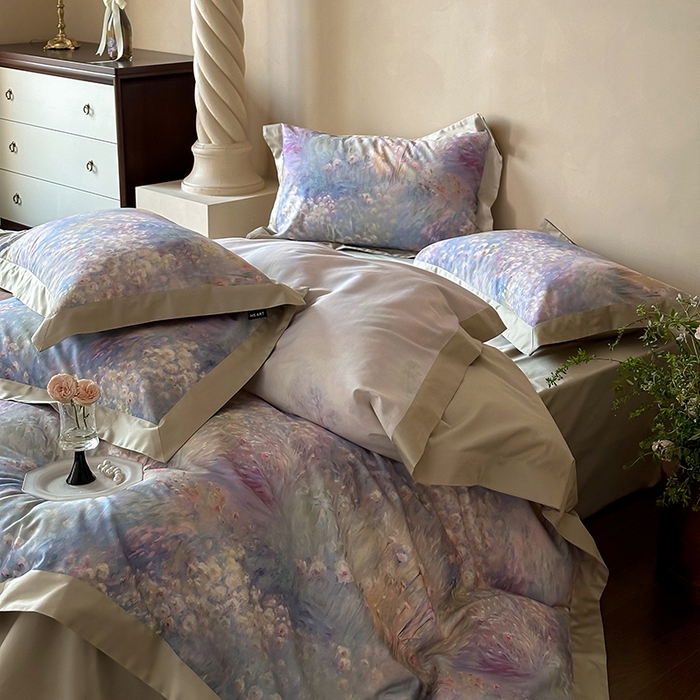 91家纺网 家纺一手货源 找家纺 禾时 2025新款高端100S长绒棉数码印花双拼边全棉纯棉四件套 紫雾迷情