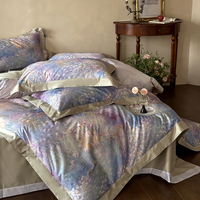 91家纺网 家纺一手货源 找家纺 禾时 2025新款高端100S长绒棉数码印花双拼边全棉纯棉四件套 紫雾迷情