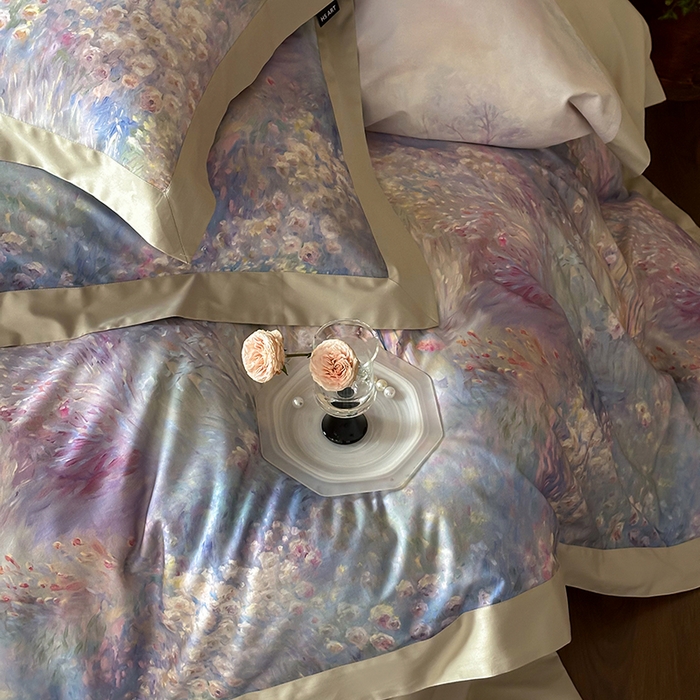 91家纺网 家纺一手货源 找家纺 禾时 2025新款高端100S长绒棉数码印花双拼边全棉纯棉四件套 紫雾迷情