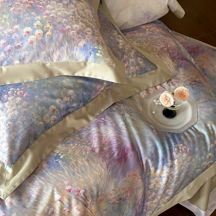 91家纺网 家纺一手货源 找家纺 禾时 2025新款高端100S长绒棉数码印花双拼边全棉纯棉四件套 紫雾迷情