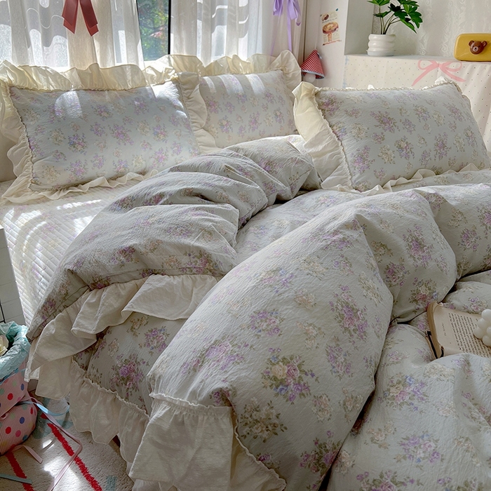 91家纺网 家纺一手货源 找家纺 美梦家纺2025新款皱皱纱花边被套床盖四件套 茉莉清风